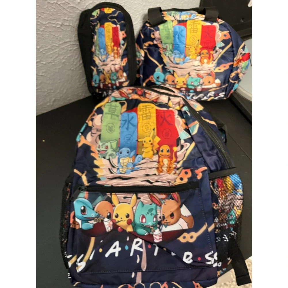 Pokemon Starters Anime Backpack 3 Piece Set Pikachu Eevee Ramen Navy Blue NWOT